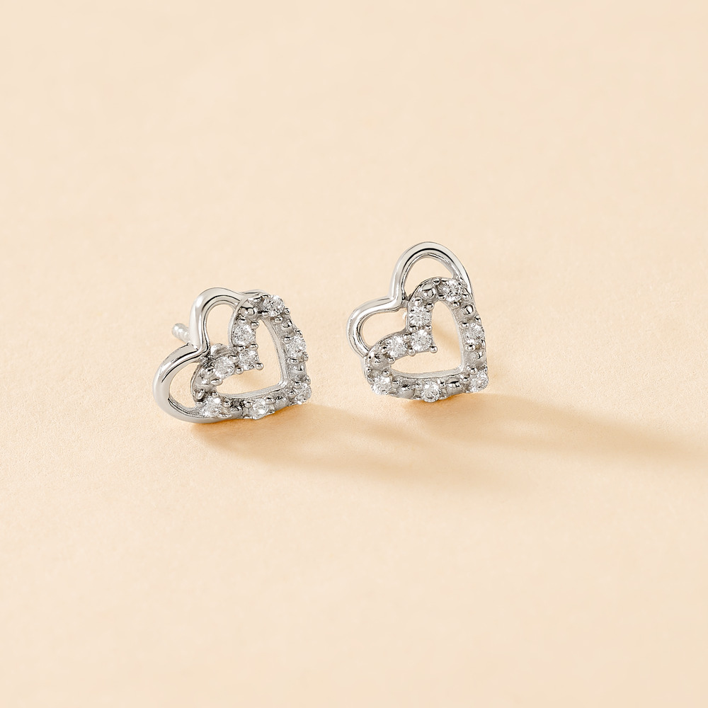 Boucles D'oreilles Puces Aoki Argent Blanc Oxyde De Zirconium - Boucles d'Oreilles Coeur Femme | Histoire d’Or